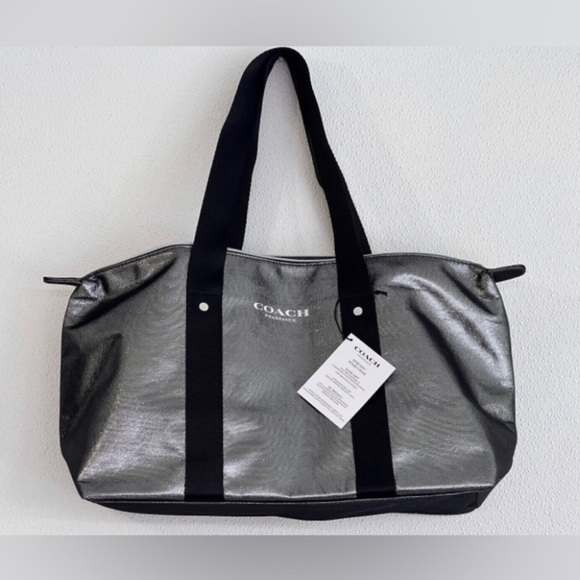 Coach Handbags - Coach Metallic Silver Tote with Black Straps